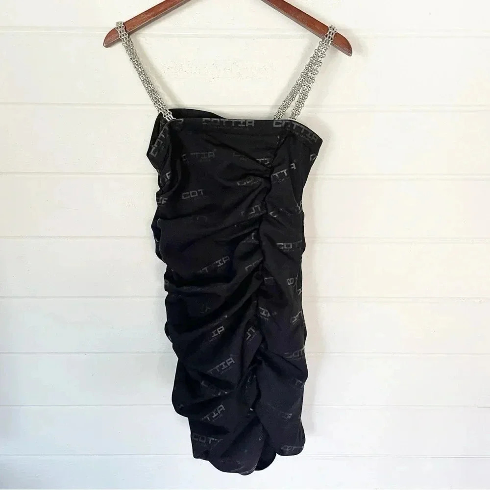 COTTIA Black Jacquard Ruched Mini Dress with Chain Straps Size Medium
